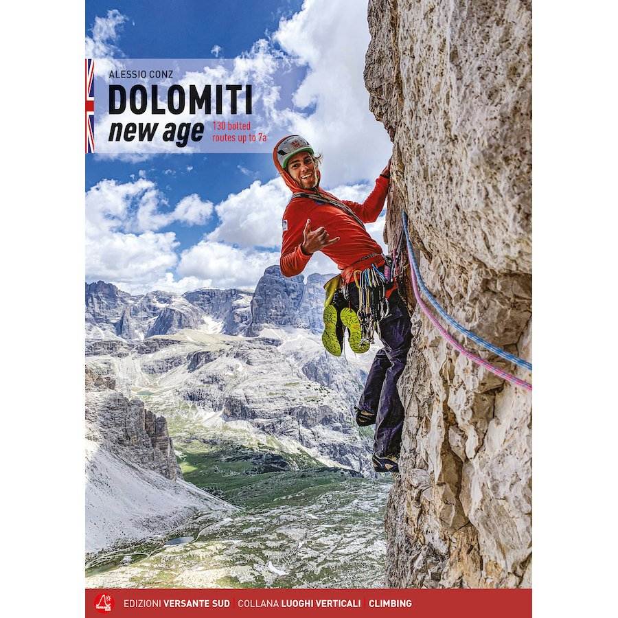 Climber on a rock face in the Dolomites with mountain scenery in the background, showcasing "Dolomiti New Age" climbing guide cover.
