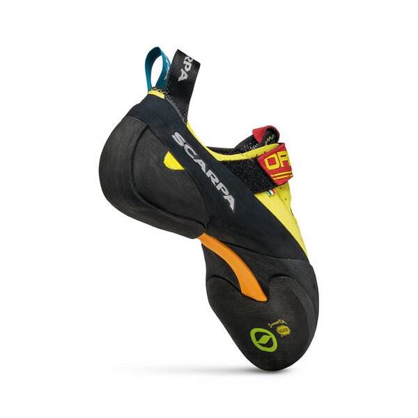 Scarpetta arrampicata Drago, microfibra e pelle, suola Vibram XS Grip 2, design asimmetrico, colore giallo e nero.