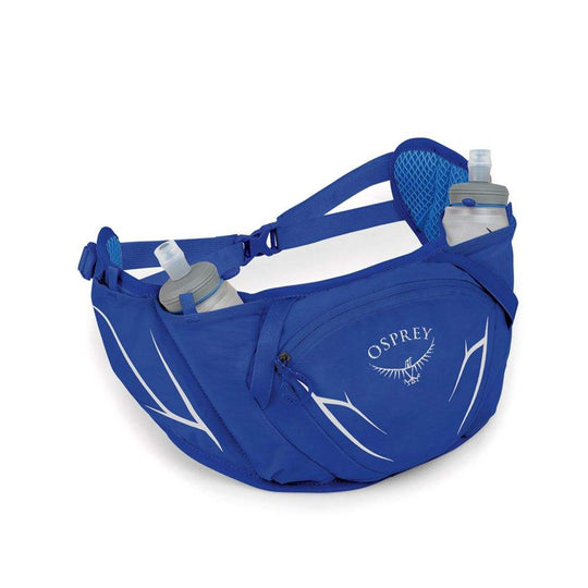 Blue Duro Dyna Belt with mesh straps and space for essentials; perfect for running and trail exploration.