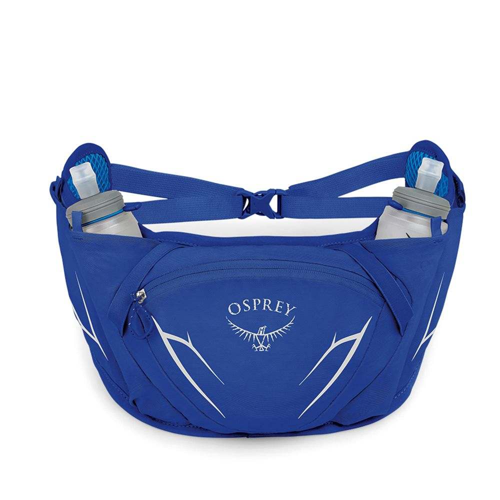 Blue Duro Dyna Belt with pockets for essentials, featuring ergonomic design and compatibility with soft bottles.