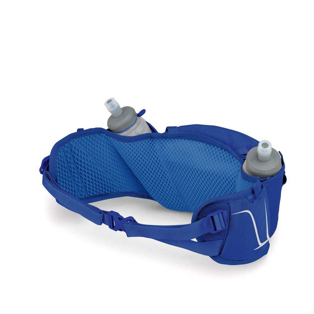 Blue Duro Dyna Belt with mesh design, multiple pockets, and adjustable waistband.