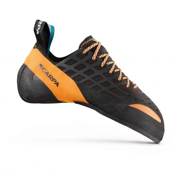 Istinct Black climbing shoe with aggressive hooking design and Vibram XS Edge sole.
