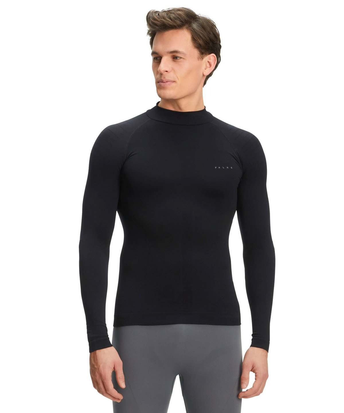 Men's long-sleeve black turtleneck for warmth and moisture control.