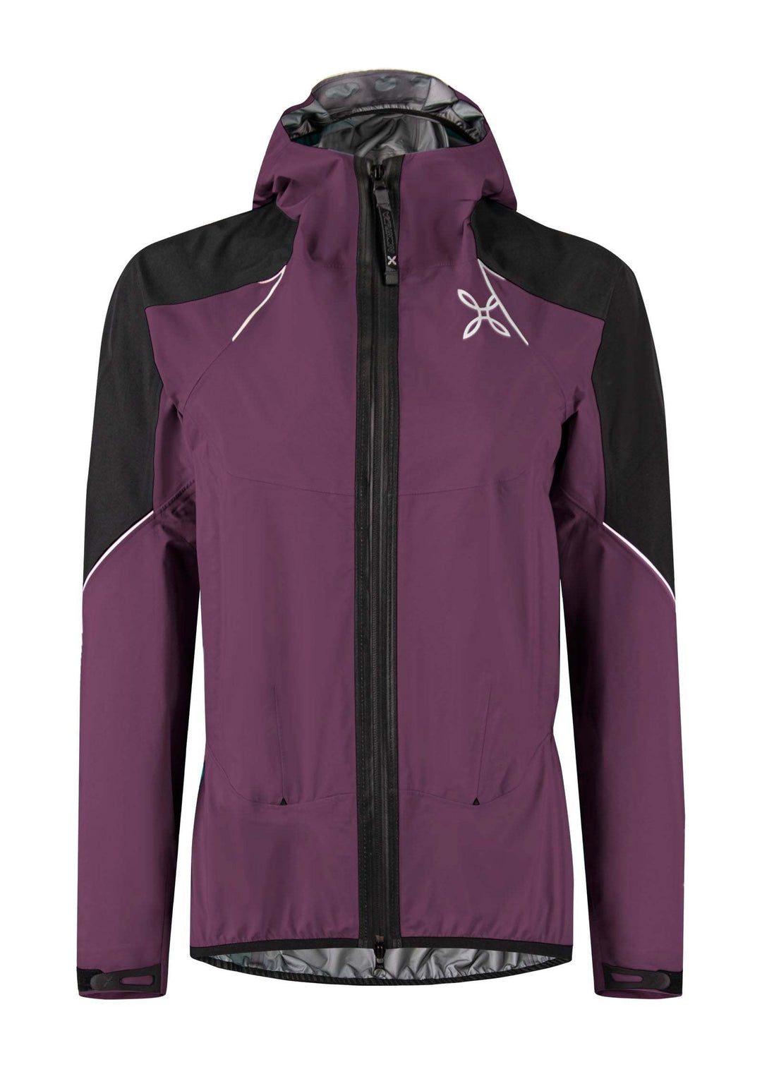 Women's waterproof jacket with hood, GORE-TEX nylon, zip pockets, adjustable cuffs. Ideal for running, climbing.