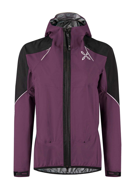 Women's waterproof jacket with hood, GORE-TEX nylon, zip pockets, adjustable cuffs. Ideal for running, climbing.