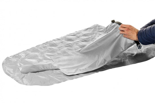 Lightweight nylon inflatable mattress with pump included, ideal for three-season use.