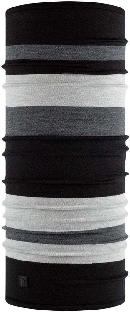 Striped Merino Move neck gaiter in black, gray, and white.