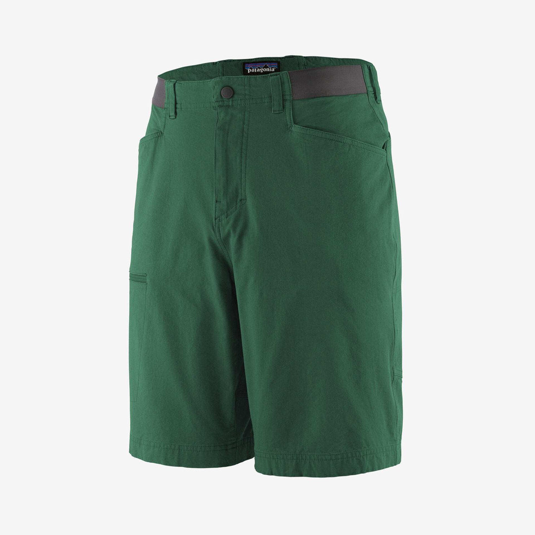 Green M's Venga Rock Shorts made from Regenerative Organic Certified™ cotton with elastic waist, front and back pockets, designed for climbing comfort.