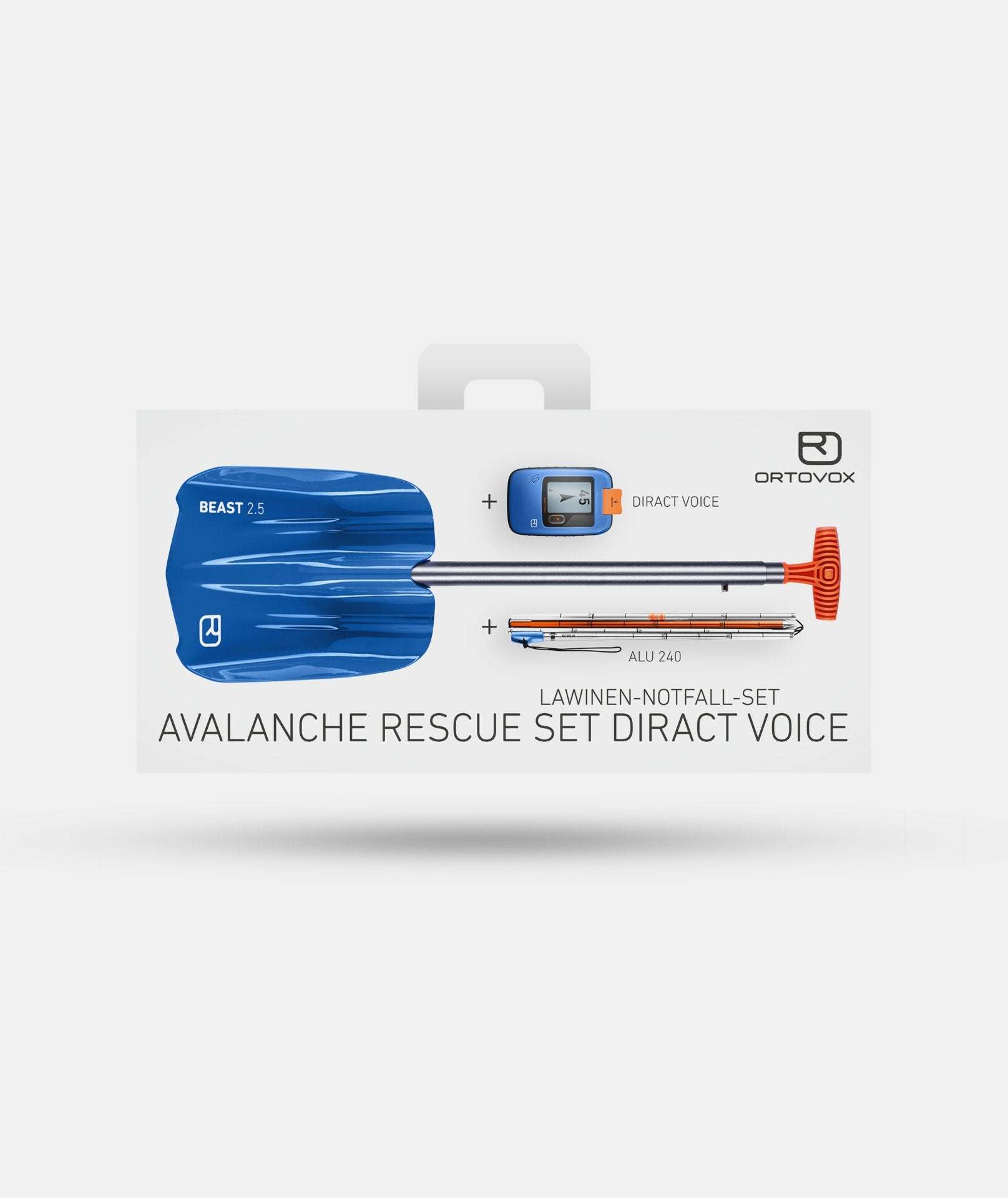Avalanche rescue set with Diract Voice transceiver, ALU 240 probe, and Beast Classic shovel.
