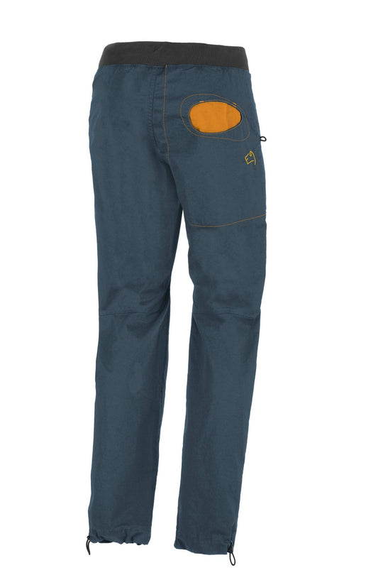 Outdoor climbing pants in organic cotton stretch gabardine with contrasting color pockets.