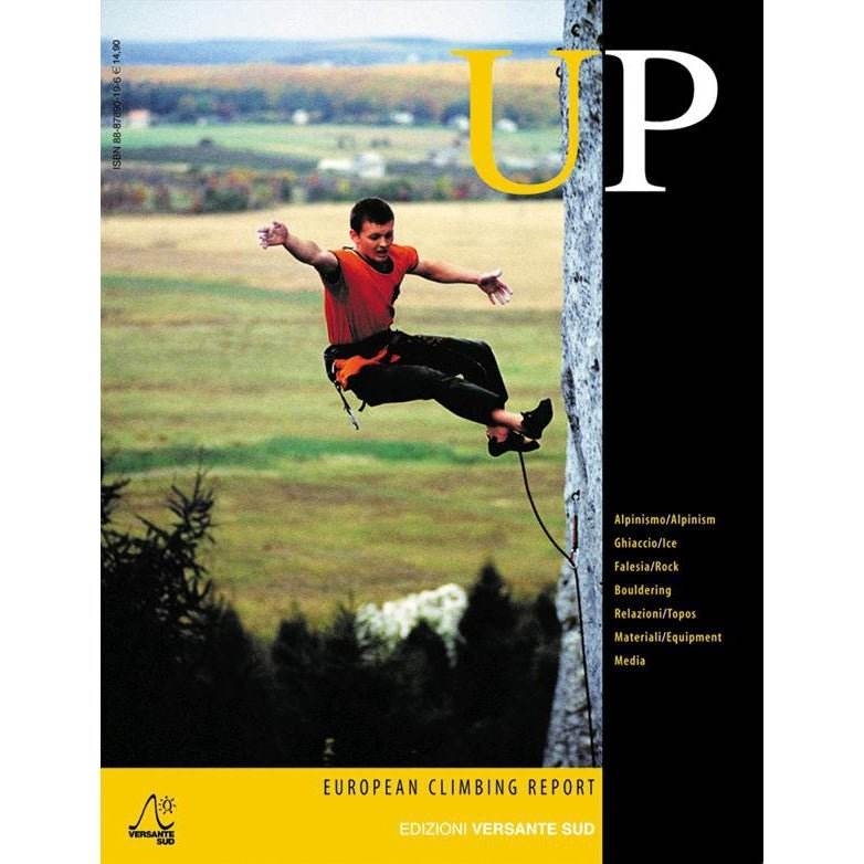Cover of "Up European Climbing Report 2005" featuring a climber ascending a rock face with scenic landscape background, text highlighting interviews and climbing topics.