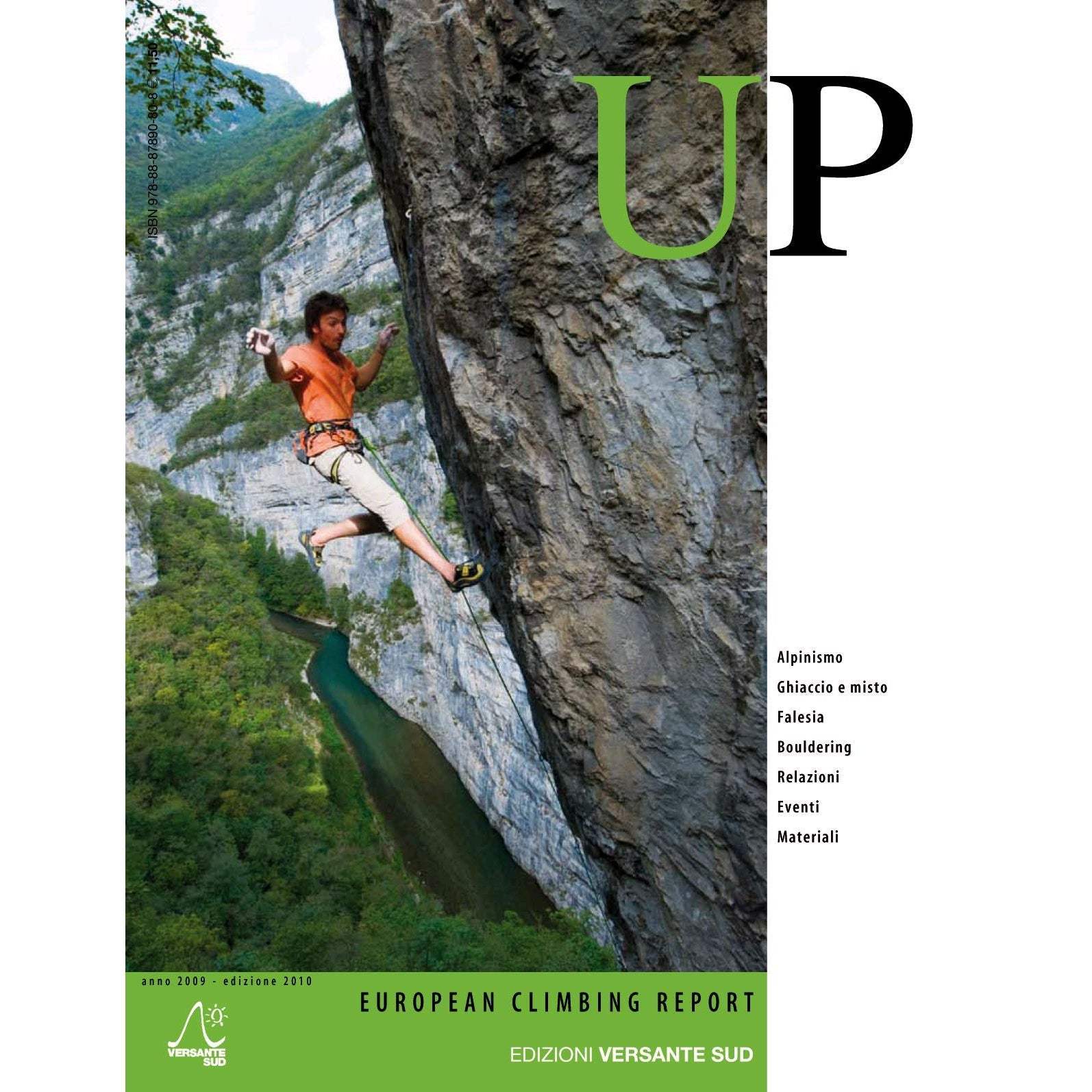 Cover of "Up European Climbing Report 2010" featuring climber on rocky cliff with scenic valley view.