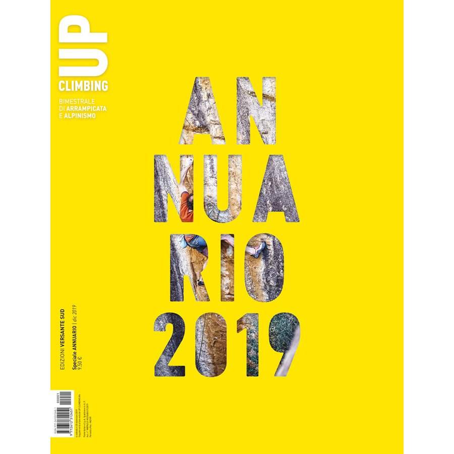 European Climbing Report 2019 magazine cover with bold "ANNUARIO 2019" text on a bright yellow background.