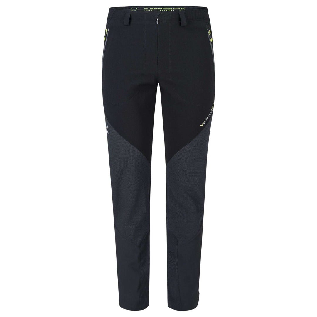 Men's Vertigo Light 2 Pants, black outdoor nylon 4-way stretch with reinforced knees and zippers, ideal for alpine activities.