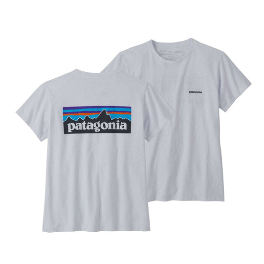 Patagonia W's P-6 Logo Responsibili-Tee made from recycled materials, front and back view.