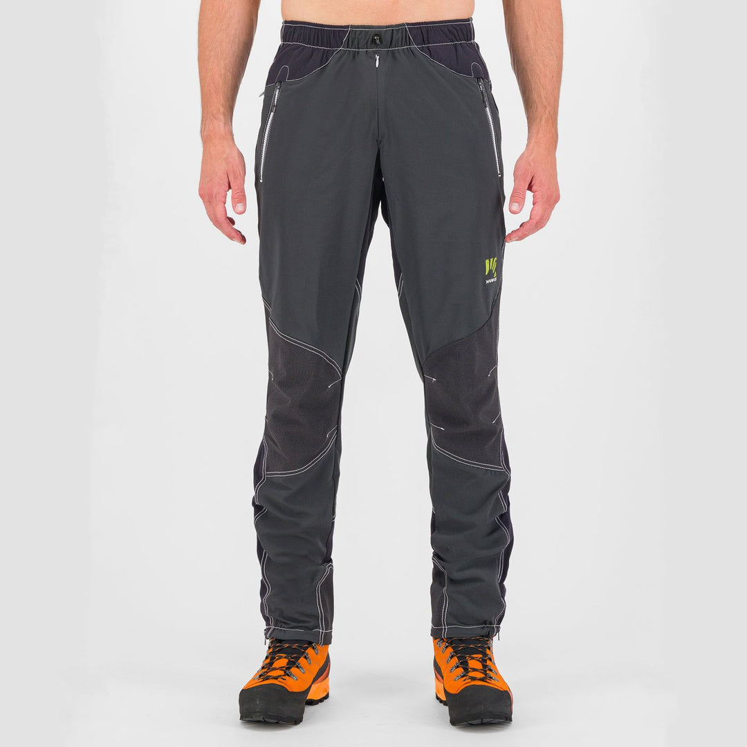 Wall Pants for alpine climbing, waterproof with Kortec knee reinforcements, shown on model.