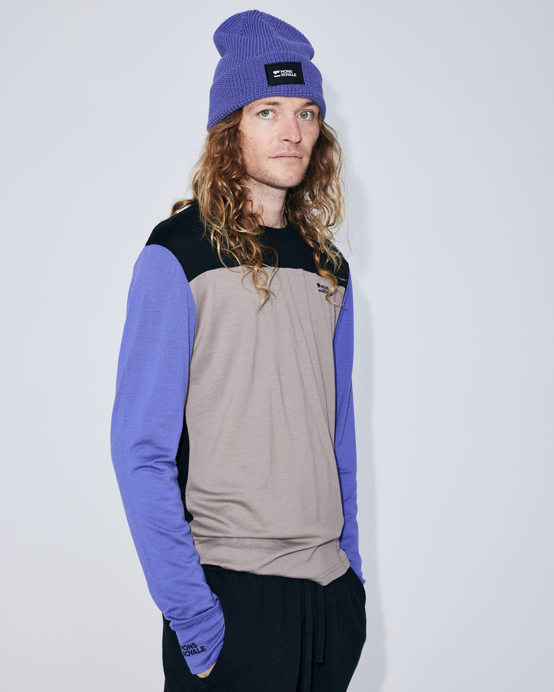 Mons Royale Yotei Merino Long Sleeve Cinder / Blue Dusk / Black 100072-1171-1001 - editorial front portrait