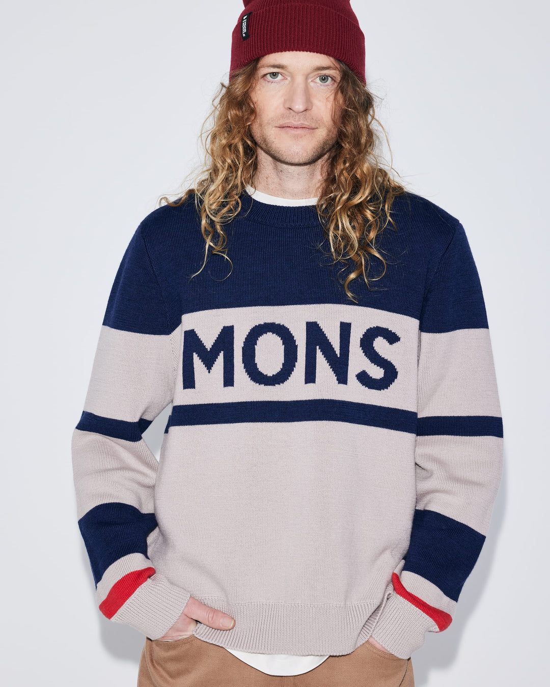 Mons Royale Innsbruck Merino Knit Sweater Cinder / Navy 100950-1336-1057 - editorial front portrait