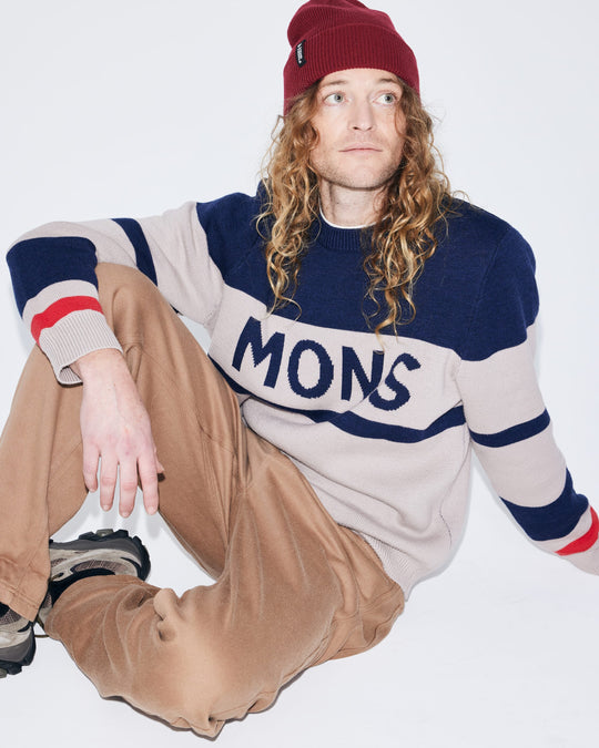 Mons Royale Innsbruck Merino Knit Sweater Cinder / Navy 100950-1336-1057 - editorial seated portrait