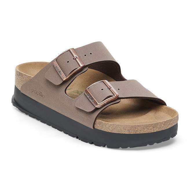 Sandalo Birkenstock Arizona Pap Flex Platform donna mocca con suola platform e plantare anatomico in sughero e lattice