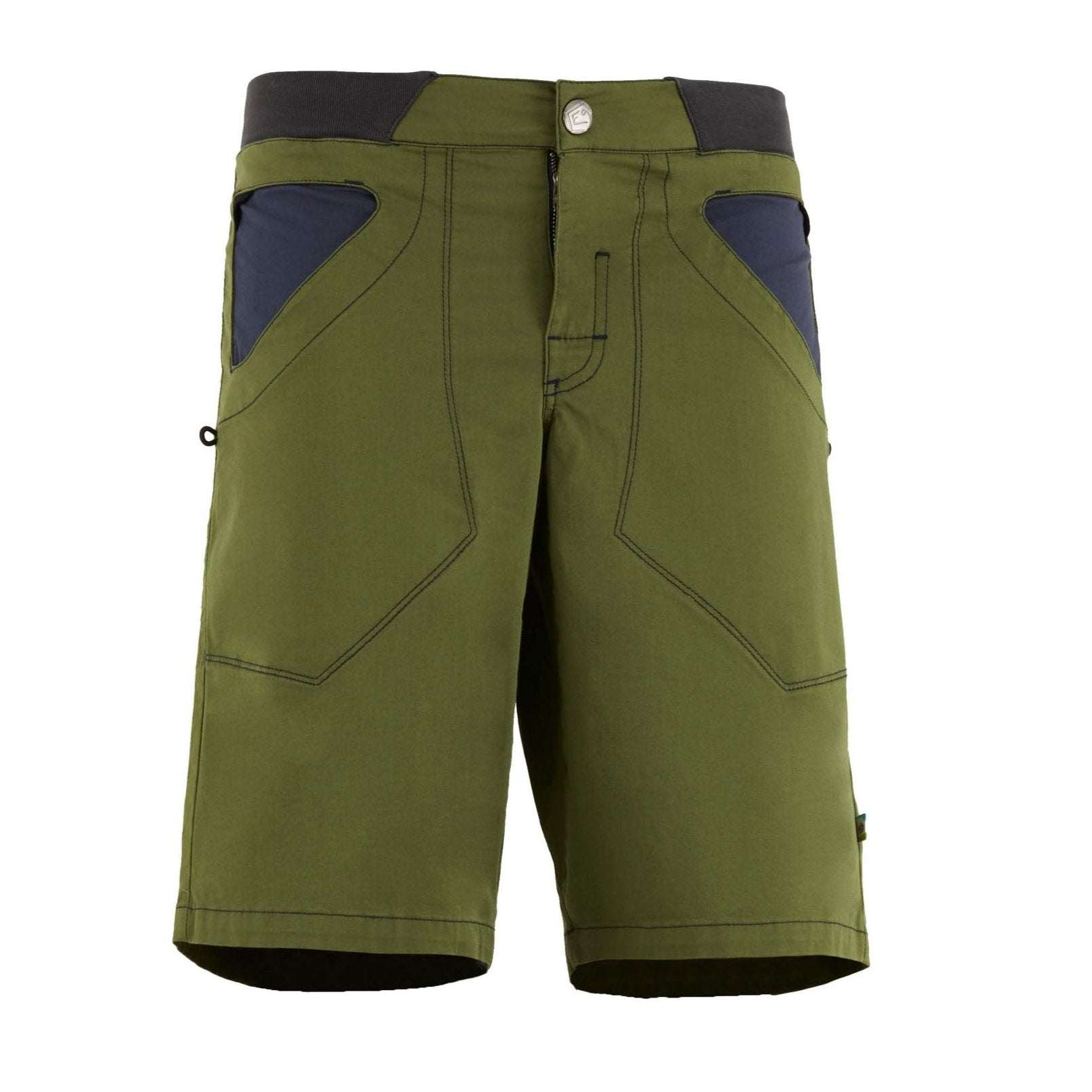 Shorts urban e climbing in gabardine di cotone biologico con logo E9 ricamato, vita regolabile e porta-spazzolino, made in Italy