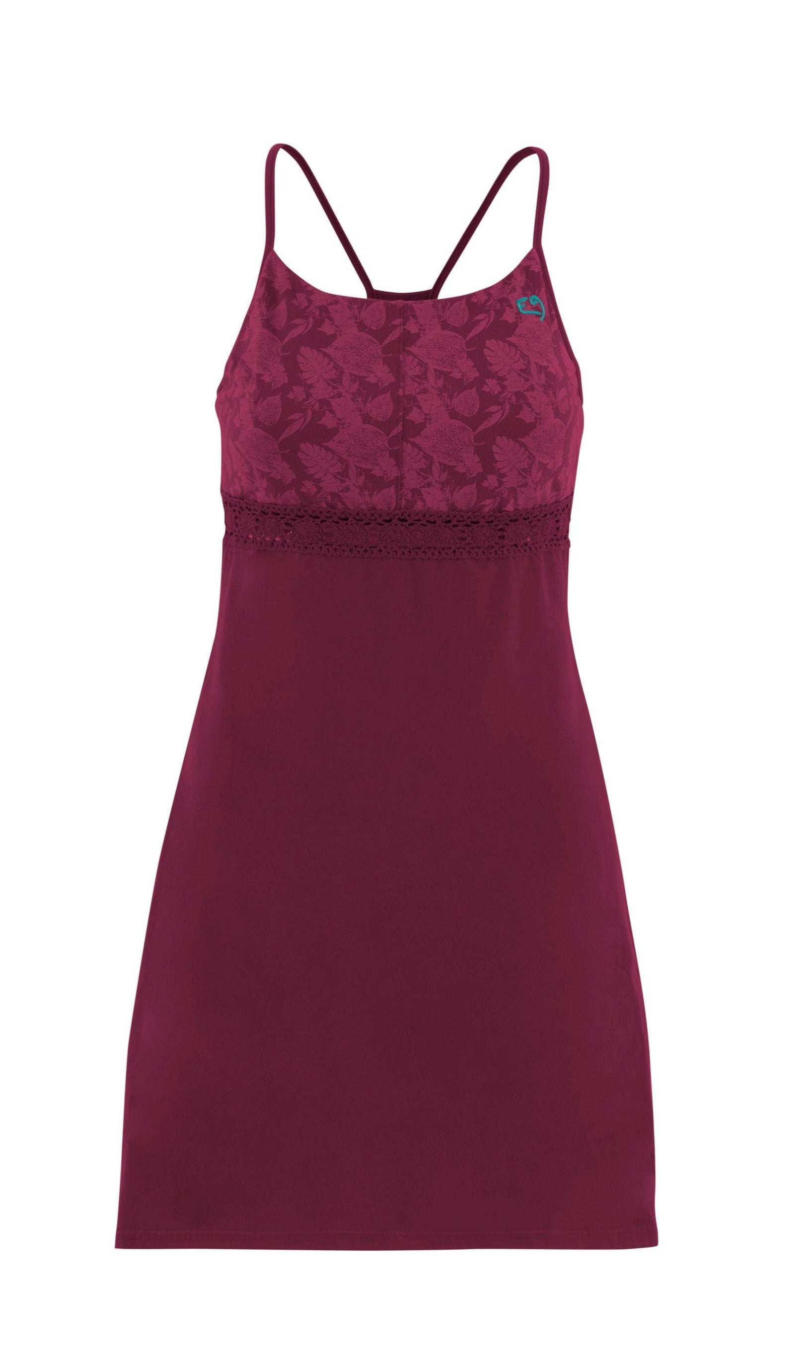 Abito con reggiseno integrato in cotone organico bielastico con stampa e inserti ricamati, design moderno, fatto in Italia