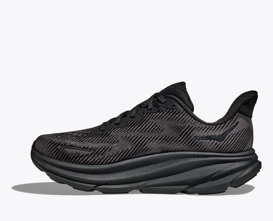 Lightweight black Clifton 9 running shoe with breathable mesh upper and enhanced cushioning.