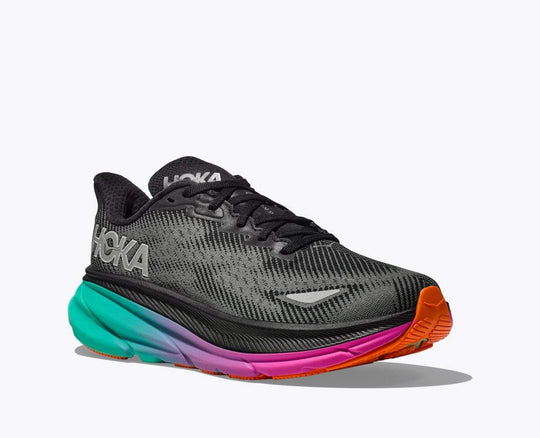 Clifton 9 GTX running shoe with GORE-TEX, black mesh, colorful sole, and reflective elements.