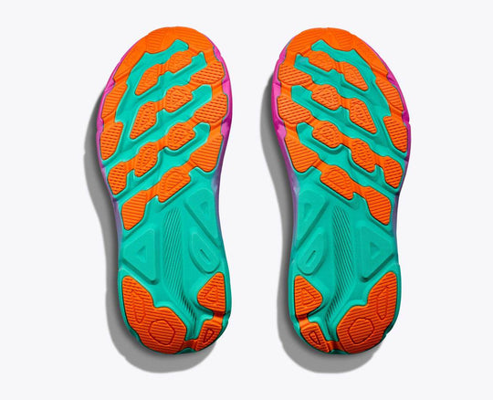Colorful rubber soles of Clifton 9 Gtx shoes showing enhanced traction design.
