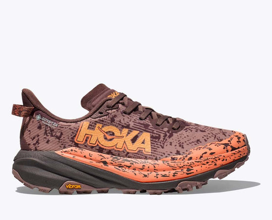Women's Speedgoat 6 GTX trail shoe with GORE-TEX waterproofing, Vibram Megagrip sole, and protective features.