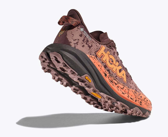 Trail running shoe Speedgoat 6 Gtx with GORE-TEX, Vibram® Megagrip sole, protective toe reinforcement, and eco-friendly materials.