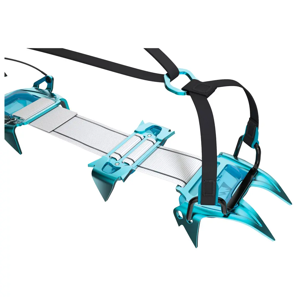 Rampone Harfang Tour leggero in alluminio con 10 punte e cinghia Dyneema, ideale per scialpinismo e alpinismo.