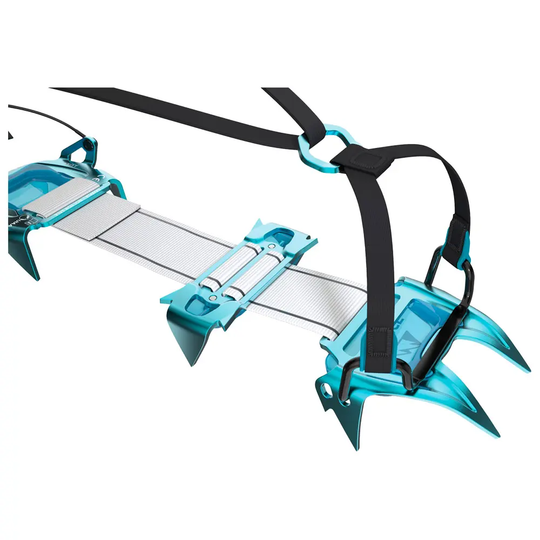 Rampone Harfang Tour leggero in alluminio con 10 punte e cinghia Dyneema, ideale per scialpinismo e alpinismo.