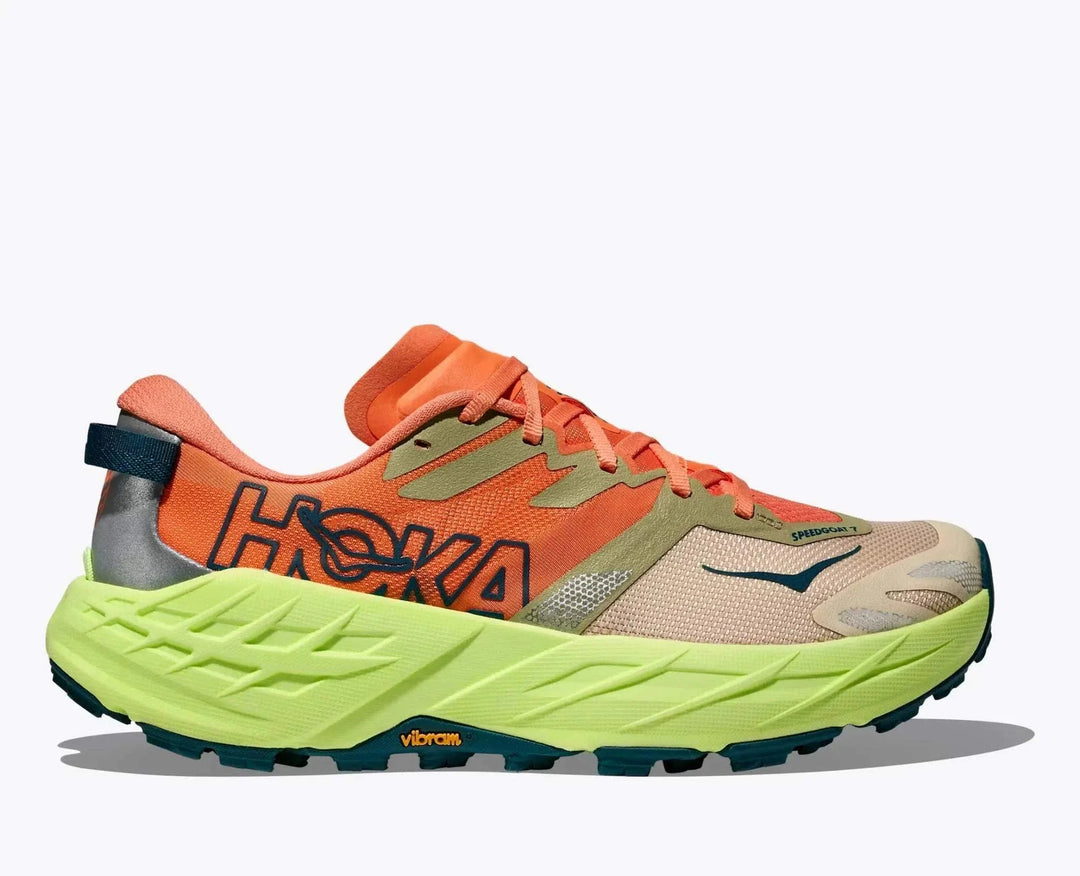 W Speedgoat 7 trail running shoe with Vibram Megagrip sole and integrated gaiter for technical terrain.