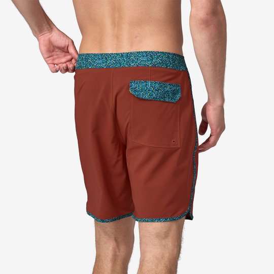 Men's Hydropeak Scallop Boardshorts (18 In.) in brown with blue trim, featuring quick-dry recycled fabric, adjustable waistband, and rear pocket with drainage.