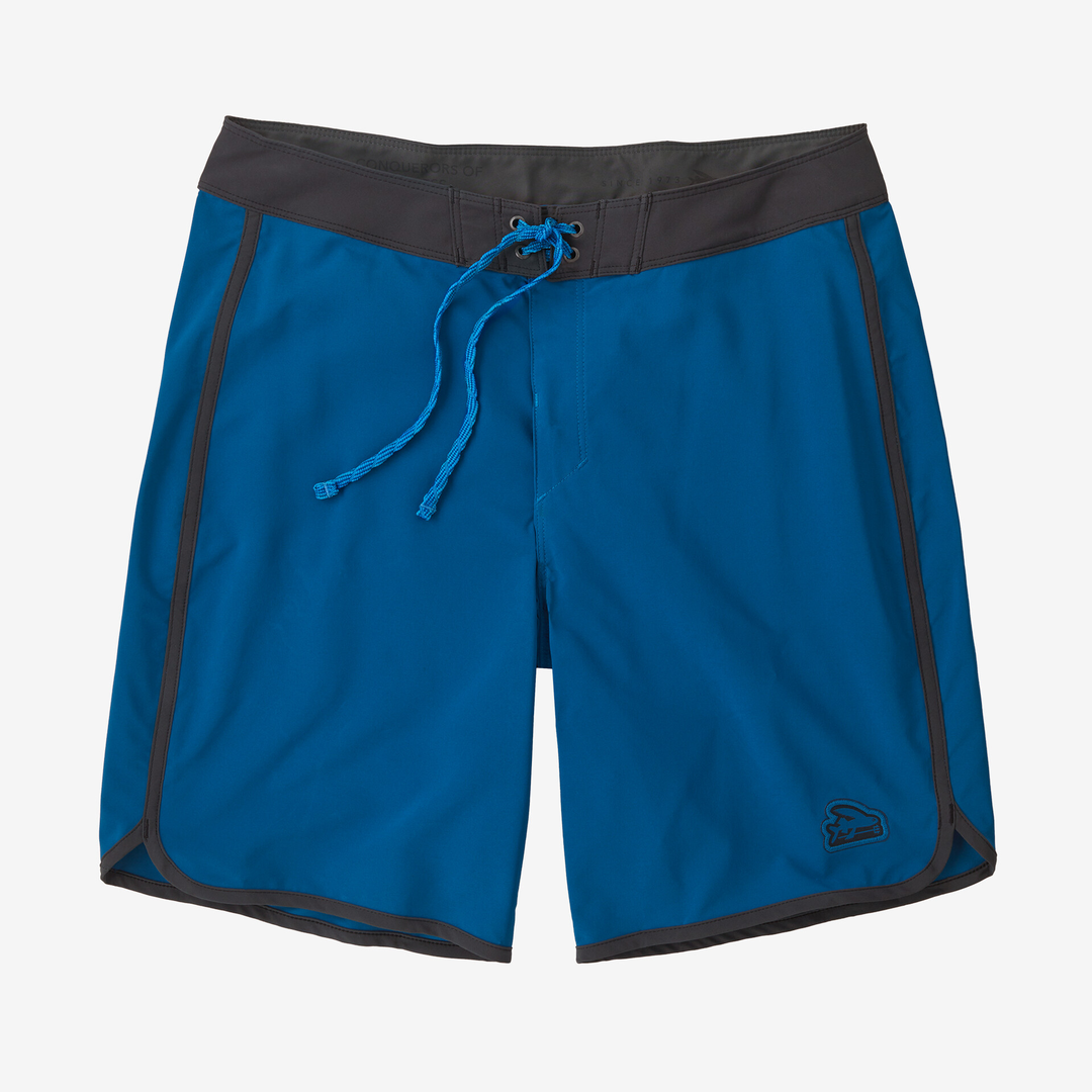 Blue men's Hydropeak Scallop Boardshorts with black trim and drawstring, 18-inch length, featuring lightweight recycled polyester and elastane fabric for water sports.