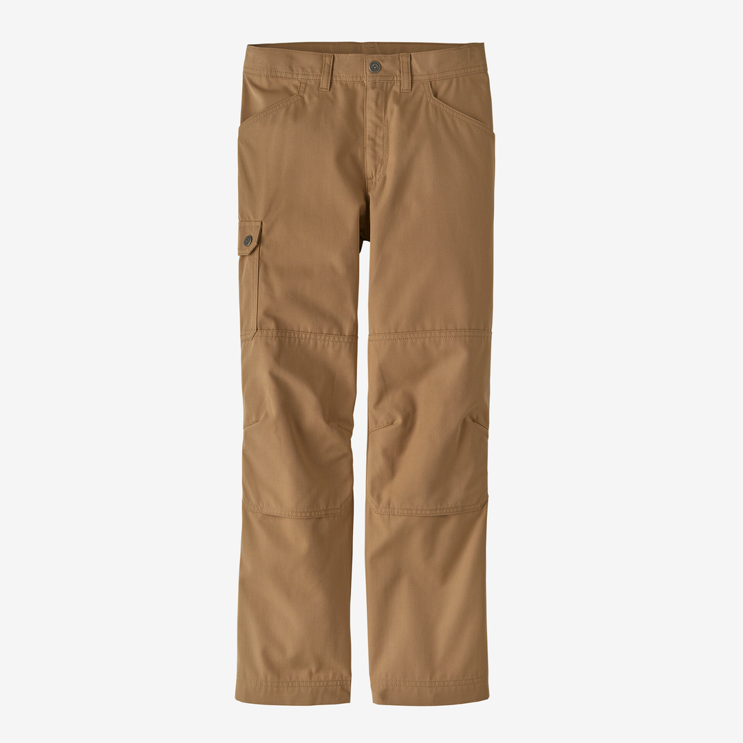 Durable Hike Pants in brown, designed for outdoor adventures, with roll-up legs and made from recycled polyester and organic cotton.