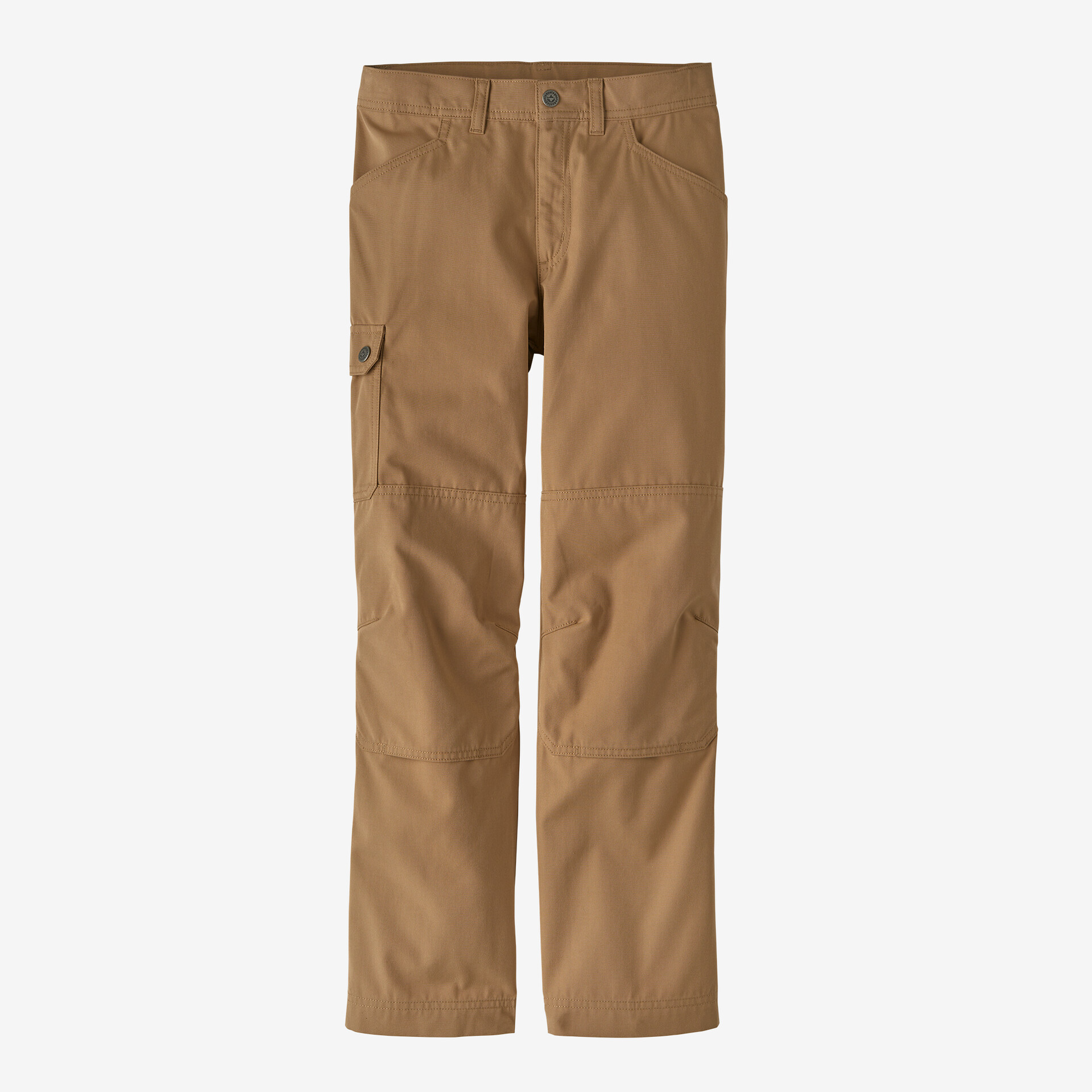 Durable Hike Pants in brown, designed for outdoor adventures, with roll-up legs and made from recycled polyester and organic cotton.