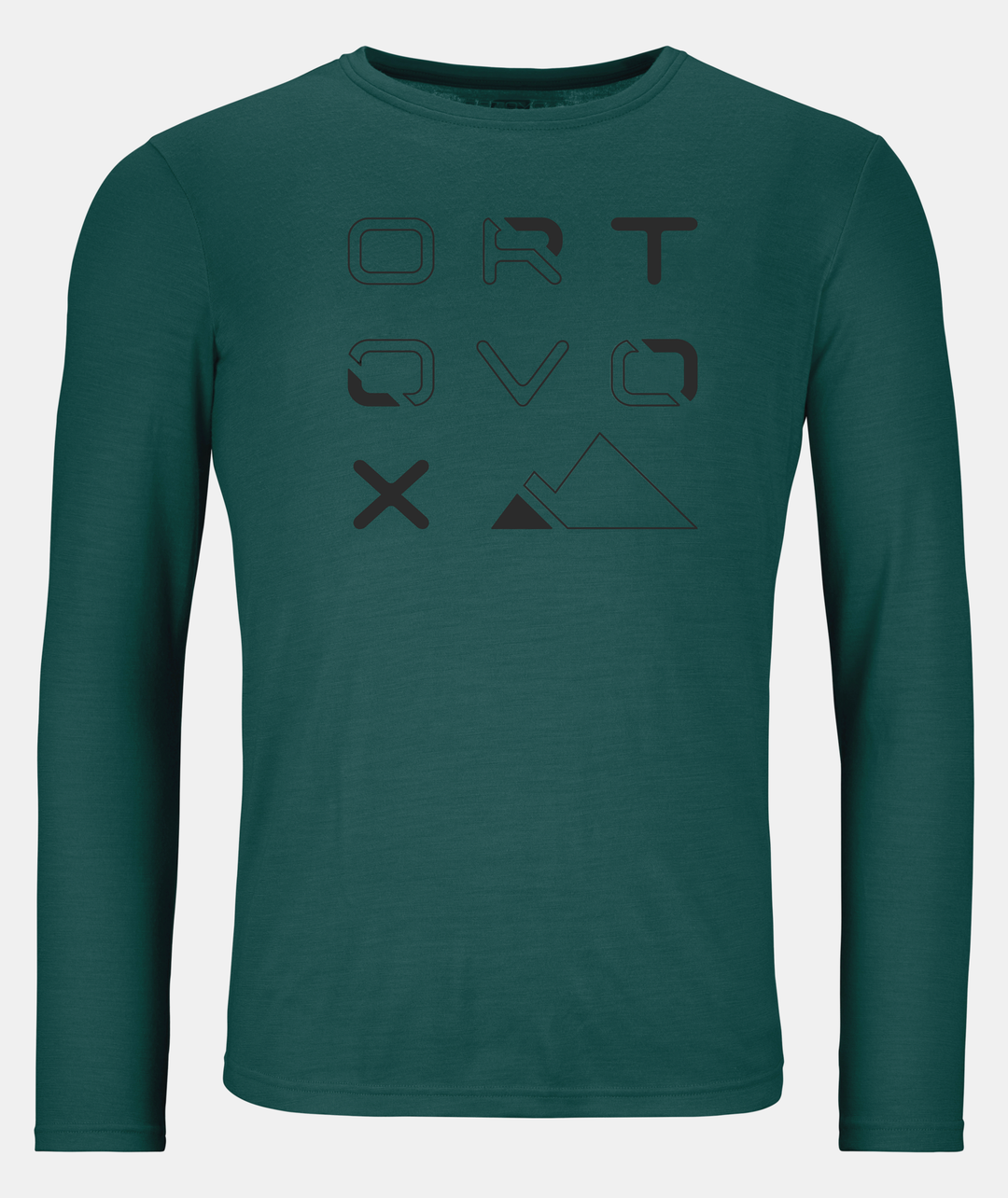 Long-sleeve merino wool shirt for men, teal with logo design, ideal for hiking.