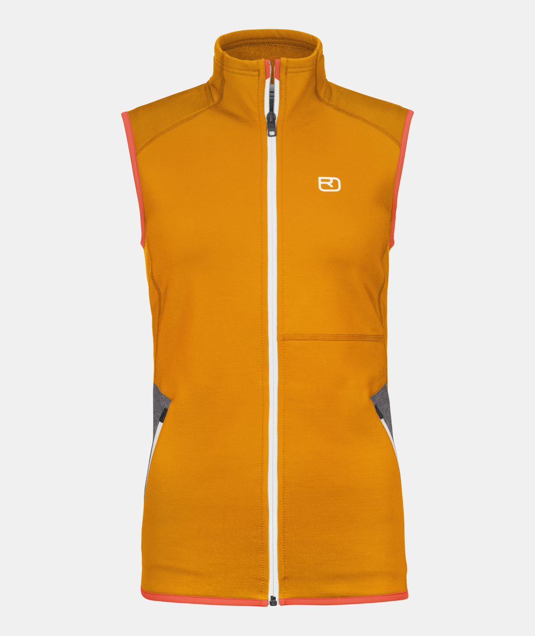 Women's fleece vest in recycled polyester and merino, orange color, with front zipper and side pockets, ideal for winter activities.