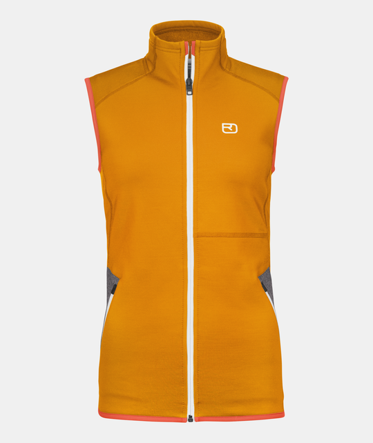 Women's fleece vest in recycled polyester and merino, orange color, with front zipper and side pockets, ideal for winter activities.