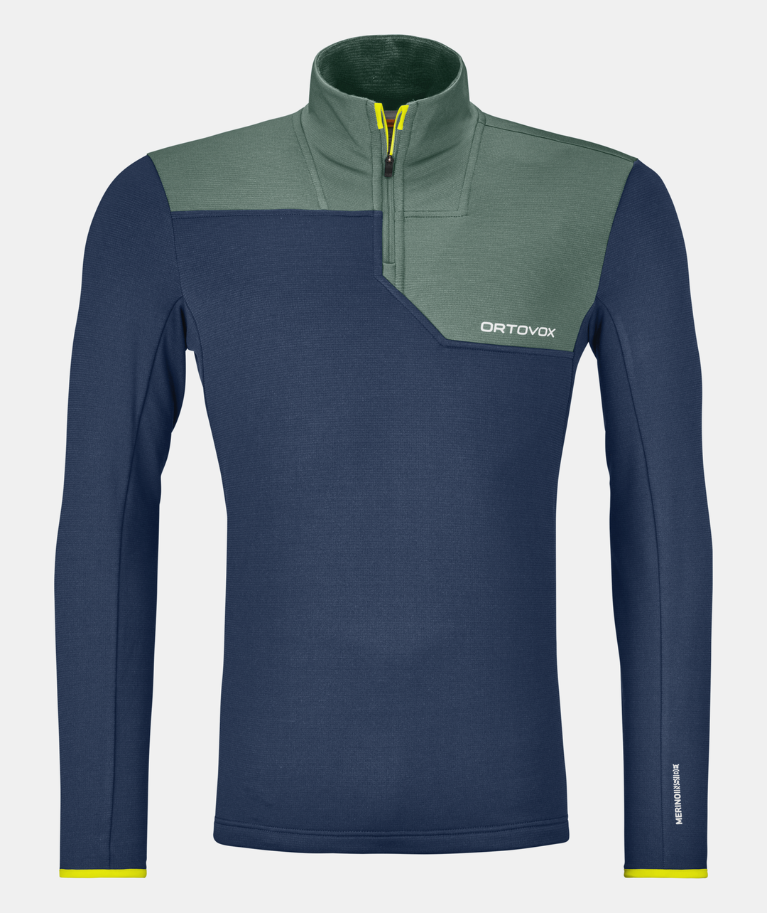 Fleece Light Zip Neck M in blue and green, lightweight and warm pullover ideal for winter sports, with Merino wool for comfort and breathability.