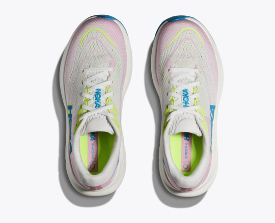 Lightweight Rincon 4 sneakers with pink and yellow accents, featuring breathable jacquard mesh and cushioned soles.