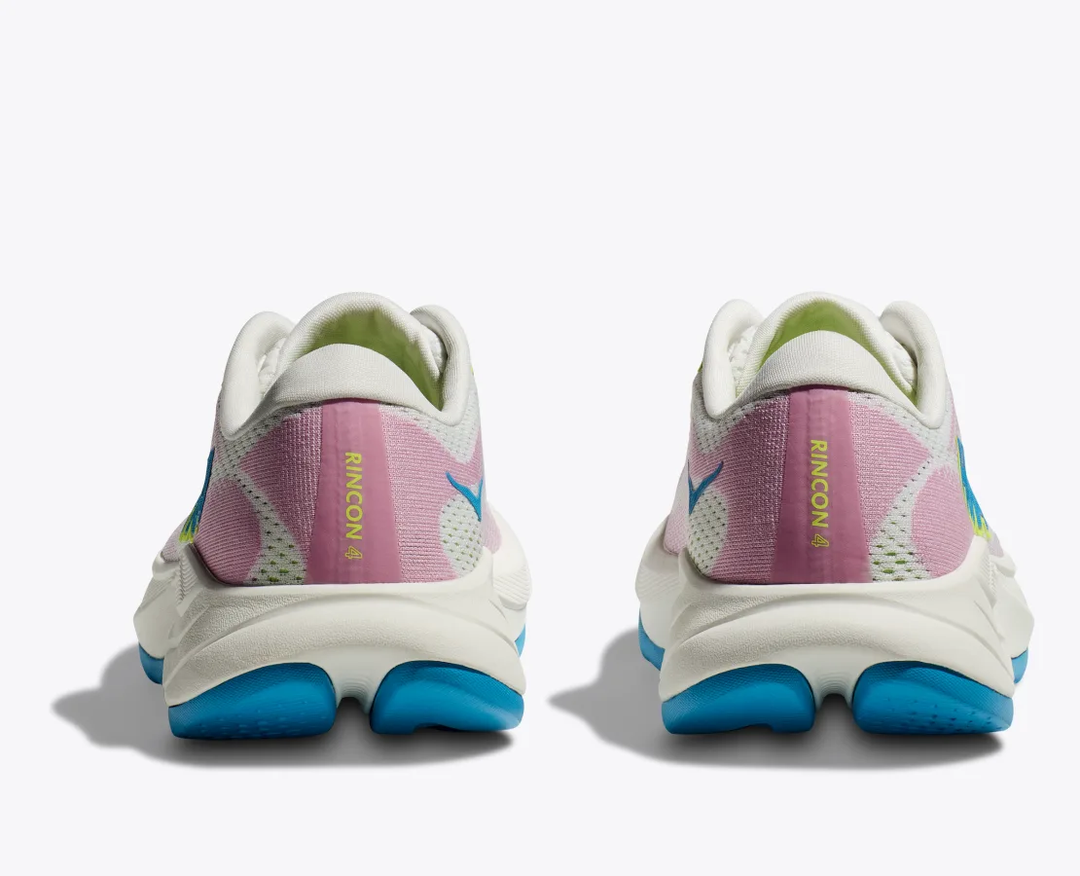 Rincon 4 running shoes rear view with blue soles and pink detailing.