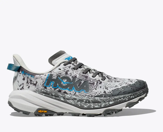 Speedgoat 6 GTX trail shoe with GORE-TEX, Vibram Megagrip sole, and protective toe reinforcement.