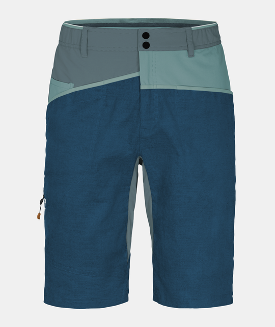 Durable Casale Shorts M in blue and grey, featuring a high waist, ergonomic design, and hidden thigh pocket, ideal for climbing.