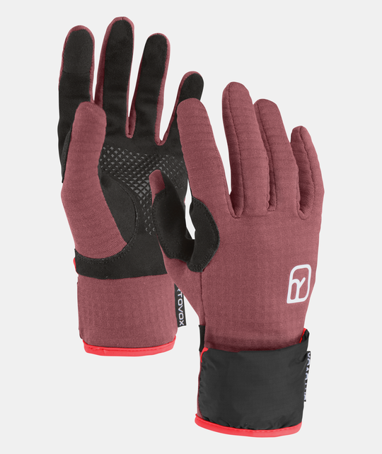 Fleece Grid Cover Glove for women in burgundy, windproof, water-repellent, silicone palm grip, touchscreen compatible.