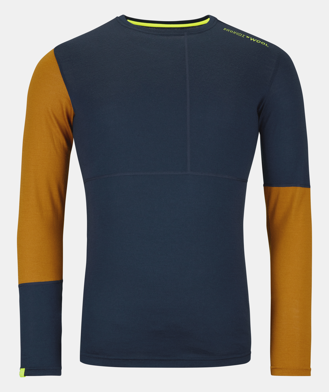 Wool long sleeve shirt in asymmetrical blue and brown design.