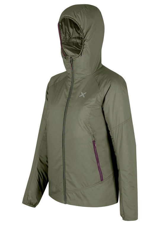 Giacca Dolomiti da donna con cappuccio in tessuto antivento e idrorepellente, colore verde.