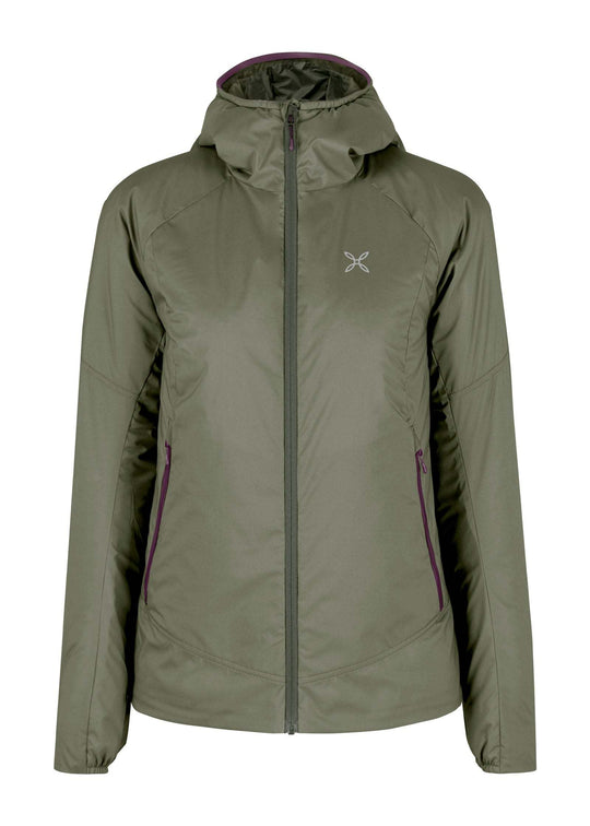 Giacca Dolomiti da donna verde con cappuccio, antivento, idrorepellente, design ecosostenibile.